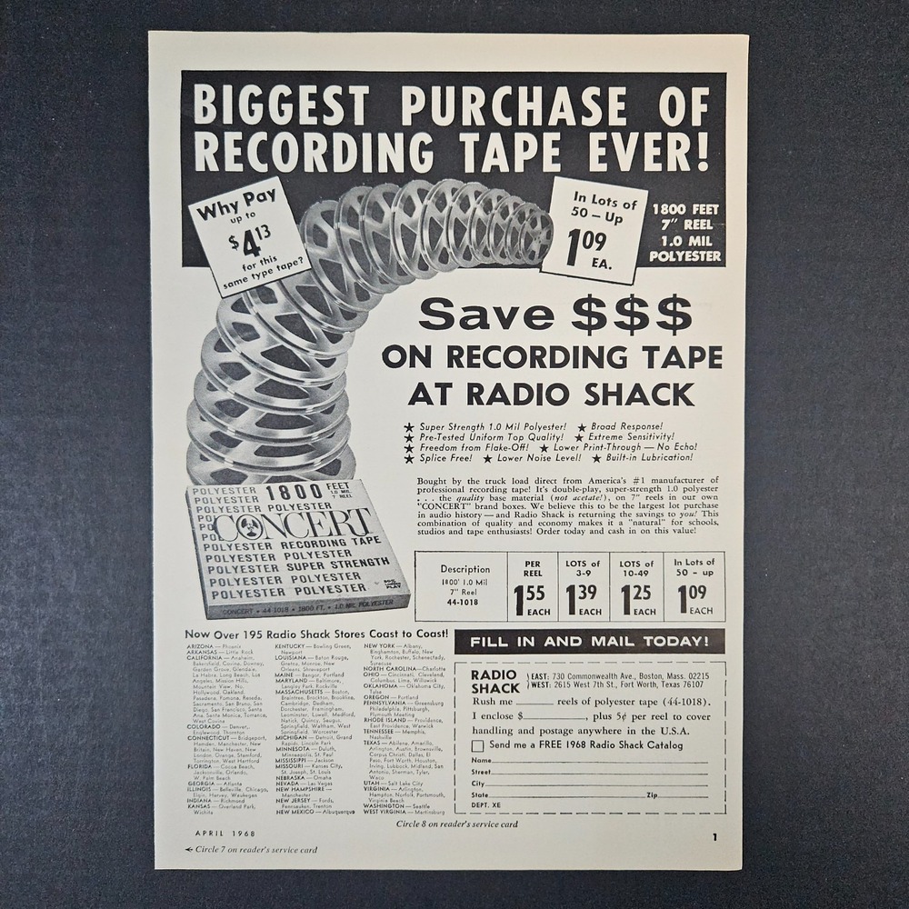 1968 Radio Shack Polyester Concert Recording Tape Vintage Print Ad Fort Worth TX
